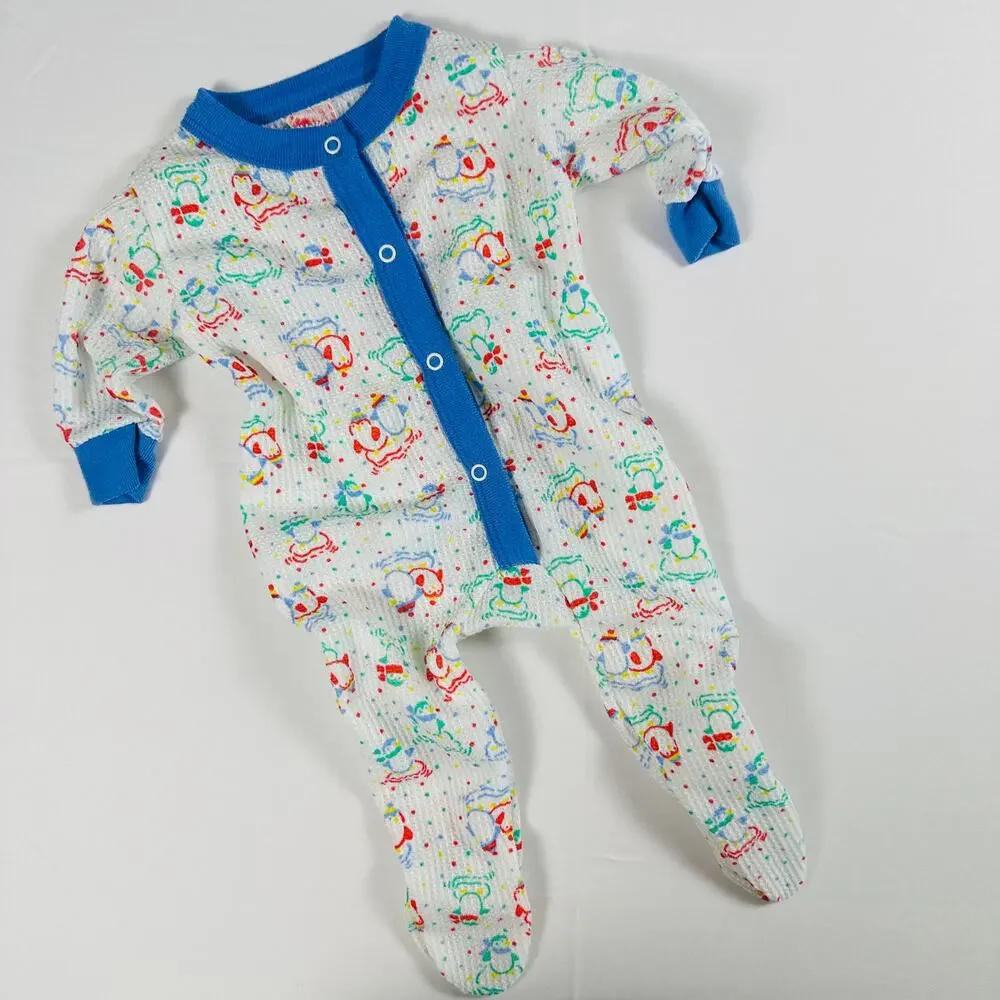 Vintage 1980s Playskool Baby Waffle Knit Winter Penguin Footie Pajamas Sz 6-9 mo